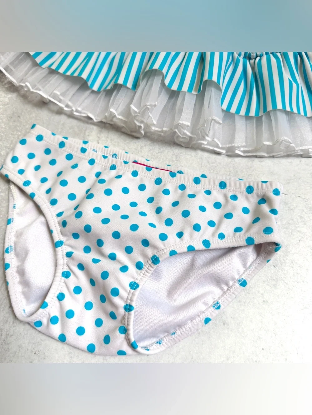 18M👙 Kate Mack Aqua Stripe Tutu Ruffle Tankini Swimsuit Set w Polka Dot Bottom
